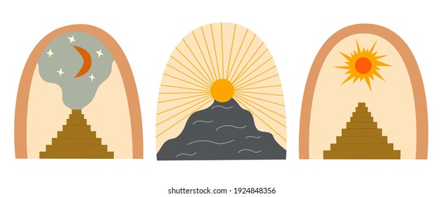 Conjunto de arcos y sol de arte abstracto, escaleras con escalones, media luna y estrellas pintando fondo. Escalera hacia el cielo hasta el sol. Arte moderno de moda. Colorida ilustración vectorial boho dibujada a mano aislada