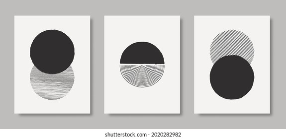 Set of Abstract Art Backgrounds Made in Contemporary Minamal style. Vector hand-drawn illustration in Monochrome Colors for templates, Posters, Wall drawings, Covers, Packaging