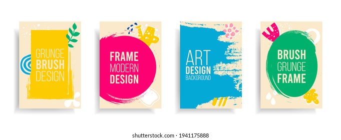 Set abstract art banners for springtime and summer village history with textured grunge frame for text and fun creative bright doodles on background.Vector illustration agro flyer,country event poster