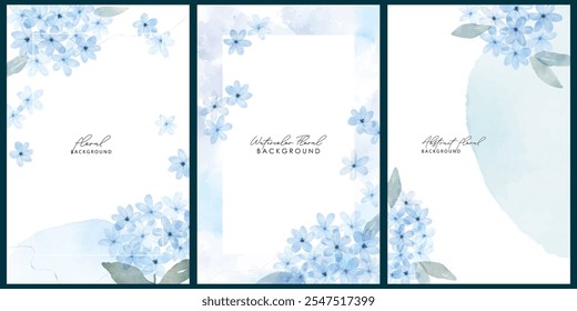 Conjunto de fondo de Anuncio de acuarela de hortensia azul de arte Abstractas. Fondo de pantalla con flor de arte de línea y hojas botánicas, Formas orgánicas, acuarela. Vector de fondo
