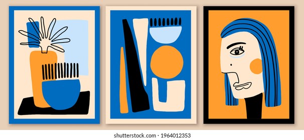 Set of abstract art compositions.  Geometric woman portrait. Still life poster with vase, plant. Contemporary minimalist colorful stye.