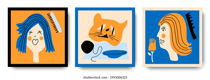 A set of abstract art compositions. Geometric female portraits, portrait of a cat.Children's illustrations.Fashionable minimalistic style.