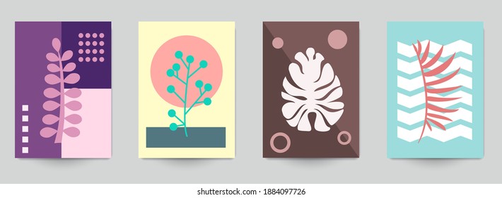 Set of abstract art concept composition with silhouettes leafs and geometric shapes in minimal style. Design modern trendy background for print, poster, card, wallpaper. Botanical vector illustration.