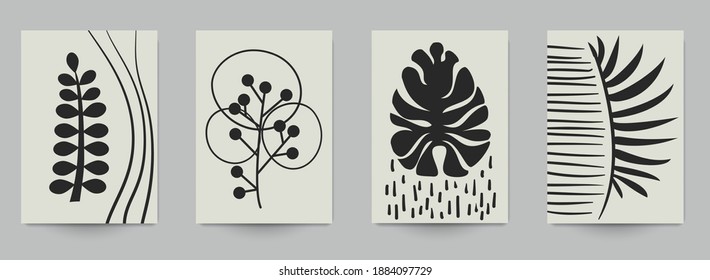 Set of abstract art concept composition with silhouettes leafs and geometric shapes in minimal style. Design modern trendy background for print, poster, card, wallpaper. Botanical vector illustration.