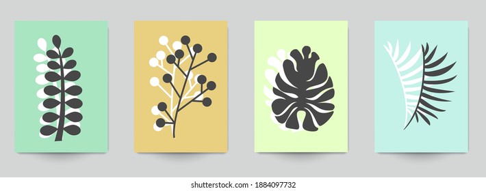 Set of abstract art concept composition with silhouettes leafs and geometric shapes in minimal style. Design modern trendy background for print, poster, card, wallpaper. Botanical vector illustration.