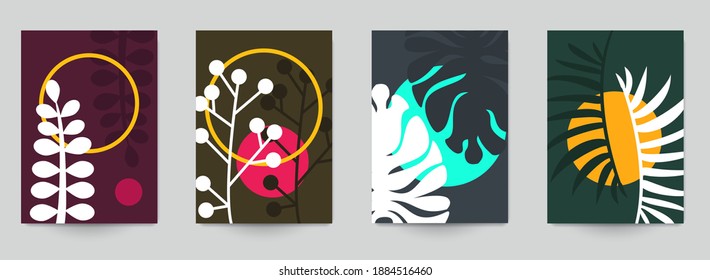 Conjunto de composición conceptual de arte abstracto con hojas de siluetas y formas geométricas en un estilo mínimo. Diseño de fondo moderno para impresión, afiche, tarjeta, papel pintado. Ilustración vectorial botánica.