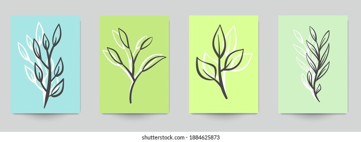 Set of abstract art concept composition with silhouettes leafs and geometric shapes in minimal style. Design modern trendy background for print, poster, card, wallpaper. Botanical vector illustration.