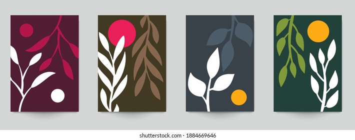 Set of abstract art concept composition with silhouettes leafs and geometric shapes in minimal style. Design modern trendy background for print, poster, card, wallpaper. Botanical vector illustration.