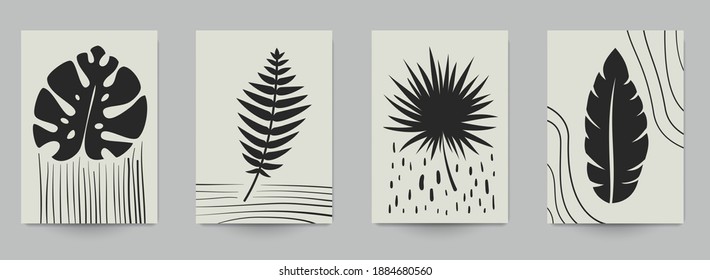 Set of abstract art concept composition with silhouettes leafs and geometric shapes in minimal style. Design modern trendy background for print, poster, card, wallpaper. Botanical vector illustration.