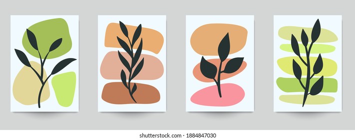 Set of abstract art concept composition with silhouettes leafs and geometric shapes in minimal style. Design modern trendy background for print, poster, card, wallpaper. Botanical vector illustration.