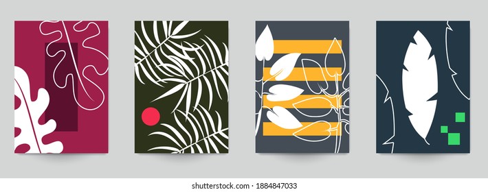 Set of abstract art concept composition with silhouettes leafs and geometric shapes in minimal style. Design modern trendy background for print, poster, card, wallpaper. Botanical vector illustration.