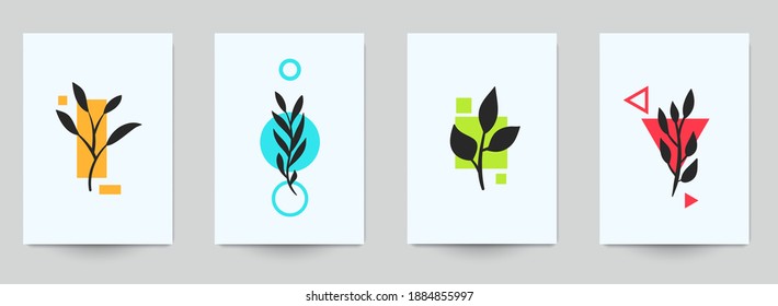 Set of abstract art concept composition with silhouettes leafs and geometric shapes in minimal style. Design modern trendy background for print, poster, card, wallpaper. Botanical vector illustration.