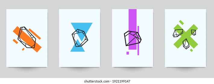 Conjunto de la composición conceptual del arte abstracto con siluetas cristales y formas geométricas en un estilo mínimo. Diseño de fondo moderno para impresión, afiche, tarjeta, papel pintado. Ilustración vectorial.