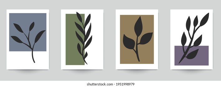 Set of abstract art concept composition with silhouettes leafs and geometric shapes in minimal style. Design modern trendy background for print, poster, card, wallpaper. Botanical vector illustration.