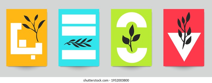 Set of abstract art concept composition with silhouettes leafs and geometric shapes in minimal style. Design modern trendy background for print, poster, card, wallpaper. Botanical vector illustration.