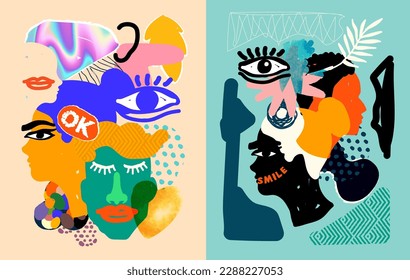 A set of abstract art with faces of people in various shapes and textures. Wellbeing creative vector illustration.