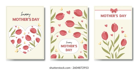 Set of abstract art floral greeting card templates for Mother's Day, Women's Day, etc.  Cute modern trendy flat color style. Minimal design for print, social media, flyer, cover, vector illustration