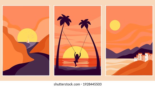 Set abstract art minimalistic illustration of the sea coast. Landscape on the background the setting sun, bright, contrasting colors. Silhouette of a girl on a swing. Vector  for posters, wallpaper.