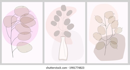  Póster minimalista de arte abstracto de una rama con hojas en un jarrón. Una delicada planta de lunaria con un fondo de formas simples. Gráficos vectoriales.