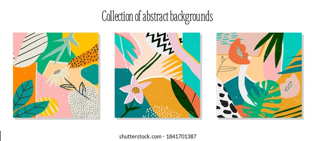 Set of abstract art modern square posters with floral elements, organic shapes, texture. Trendy contemporary design for cover, background, wallpaper, print, wall decor, social media, branding