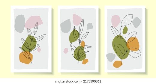 Conjunto de ilustración vectorial de fondo de la naturaleza de arte abstracto.Fondo de pantalla de arte de línea de forma moderna. Diseño tropical botánico para decoración doméstica, arte mural, publicación en medios sociales.
