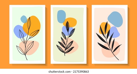 Set of abstract art nature background vector illustration.Modern shape line art wallpaper. Botanical tropical design for home decoration, wall art, social media post.