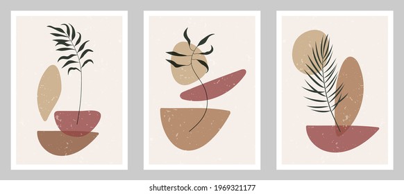 Set of abstract art nature backgrounds. Modern shape line art,  boho foliage, botanical tropical leaves floral design for wallpaper,  home deco, wall art.
