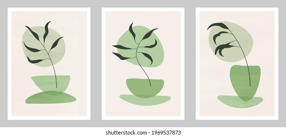 Set of abstract art nature backgrounds. Modern shape line art,  boho foliage, botanical tropical leaves floral design for wallpaper,  home deco, wall art.