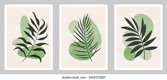 Set of abstract art nature backgrounds. Modern shape line art,  boho foliage, botanical tropical leaves floral design for wallpaper,  home deco, wall art.