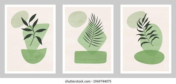 Set of abstract art nature backgrounds. Modern shape line art,  boho foliage, botanical tropical leaves floral design for wallpaper,  home deco, wall art.