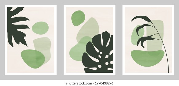 Set of abstract art nature backgrounds. Modern shape line art,  boho foliage, botanical tropical leaves floral design for wallpaper,  home deco, wall art.