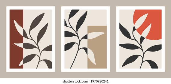 Set of abstract art nature backgrounds. Modern shape line art,  foliage, botanical, tropical leaves floral design for wallpaper,  home deco, wall art.