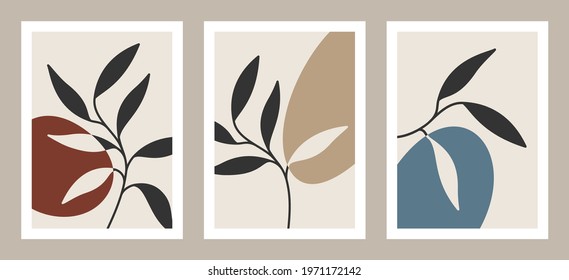 Set of abstract art nature backgrounds. Modern shape line art,  foliage, botanical, tropical leaves floral design for wallpaper,  home deco, wall art.