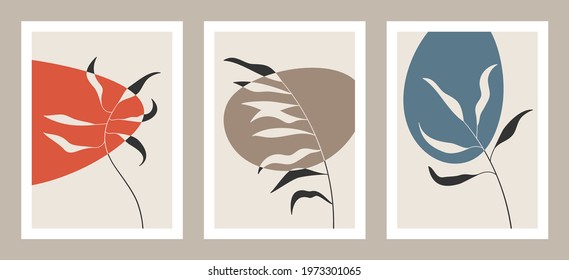 Set of abstract art nature backgrounds. Modern shape line art,  foliage, botanical, tropical leaves floral design for wallpaper,  home deco, wall art.