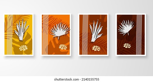Set of abstract art nature vector. Modern line art drawing. Botanical tropical leave shape earth tone color. Natural wall art vector illustration.