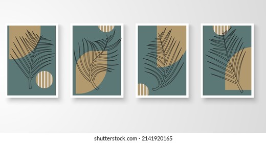 Set of abstract art nature vector. Modern line art drawing. Botanical tropical leave shape earth tone color. Natural wall art vector illustration.