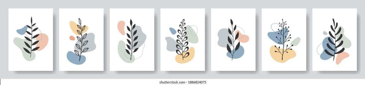 Set of abstract art on branches background. Modern trendy blotch shape. Liquid shape elements. Laurels branches. Fluid dynamical colored forms banner. Vector illustration