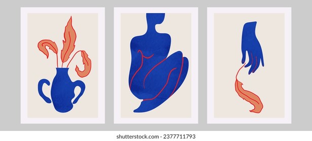 Set of abstract art paintings in the style of modernism. Minimalist watercolor, human pose, shapes, a branch of leaves in a vase and a hand with leaves. Design illustration for wallpaper, interior	