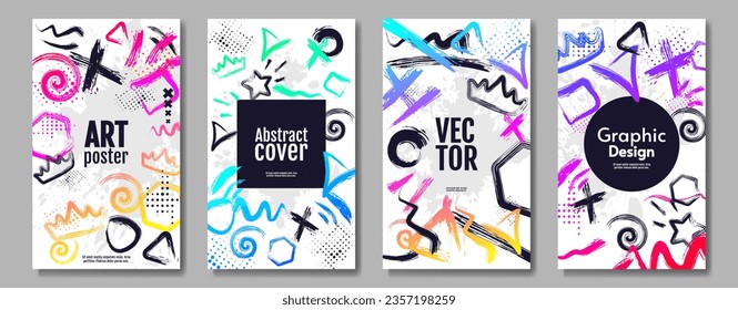 Set von abstrakten Kunstplakaten. Tinte Pinsel und spritzen. Farbverlauf. Design für Poster, Banner, Cover. Vektorgrafik.