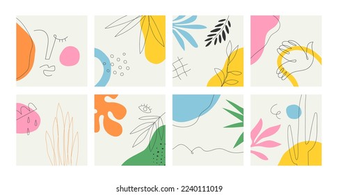 Conjunto de carteles de arte abstracto impresos en fondo aislado. Plantas de verano naturales y formas orgánicas colección de la cara de la mujer, hoja de selva, forma geométrica. Colorida decoración de verano enmarcada en un paquete.