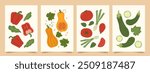 Set of abstract art poster in vegetables. Modern print with hand drawn red peppers or paprika, pumpkin, tomato, zucchini or vegetable marrow. Vector trendy illustration for card, brochure, cover.