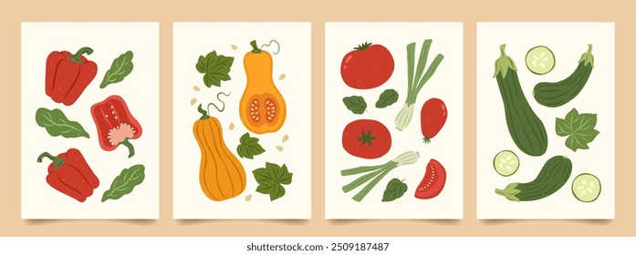 Set of abstract art poster in vegetables. Modern print with hand drawn red peppers or paprika, pumpkin, tomato, zucchini or vegetable marrow. Vector trendy illustration for card, brochure, cover.