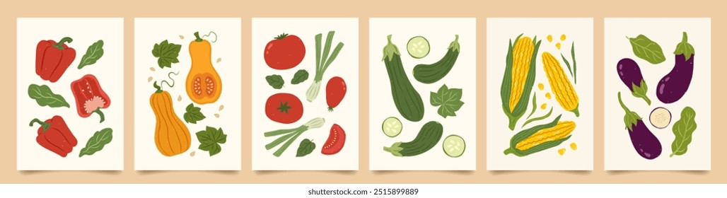 Set von abstrakten Kunstplakaten in Gemüse. Moderner Druck mit handgezeichneten roten Paprika oder Paprika, Kürbis, Tomate, Zucchini oder Gemüsemark. Vektor trendige Illustration für Karte, Broschüre, Abdeckung.