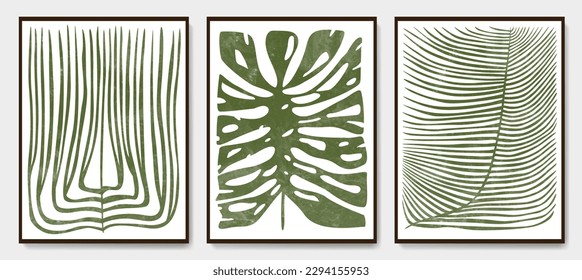 Set of abstract art posters with hand drawn tropical leaves. Vector botanical patterns in a watercolor style for decoration, print, textile, wallpaper, background, interior design.