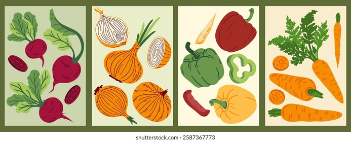 Set of abstract art posters in vegetables. Hand drawn red, green and yellow peppers, carrots, beet and onions. Vector illustration for postcard, brochure, cover.