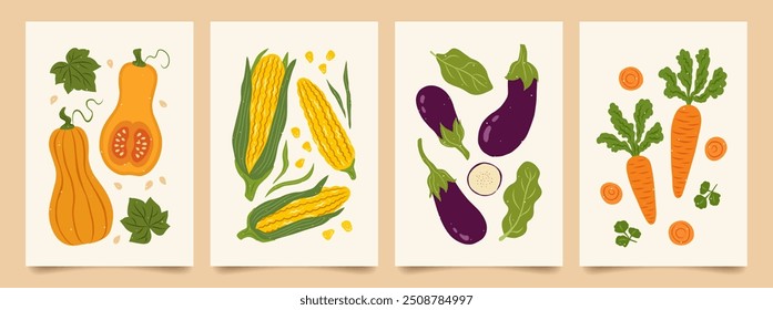 Conjunto de impresión de arte abstracto en verduras. Cartel moderno con calabazas dibujadas a mano, zanahoria, mazorcas de maíz, berenjena. Verduras de otoño. Vector ilustración de moda para la decoración de la pared, folleto, folleto, cubierta.