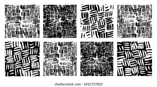 Set of abstract art rustic ink vector patterns brush strokes. Hand drawn organic grunge monochrome black and white. Geometric waffle wicker texture collage swatch tile. Printmaking fine art home decor