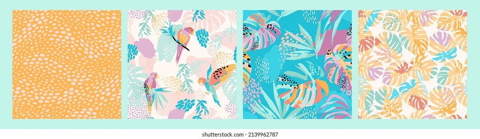 Set of abstract art seamless patterns with tropical leaves, flowers and parrots. Modern exotic design for paper, cover, fabric, interior decor and other users.