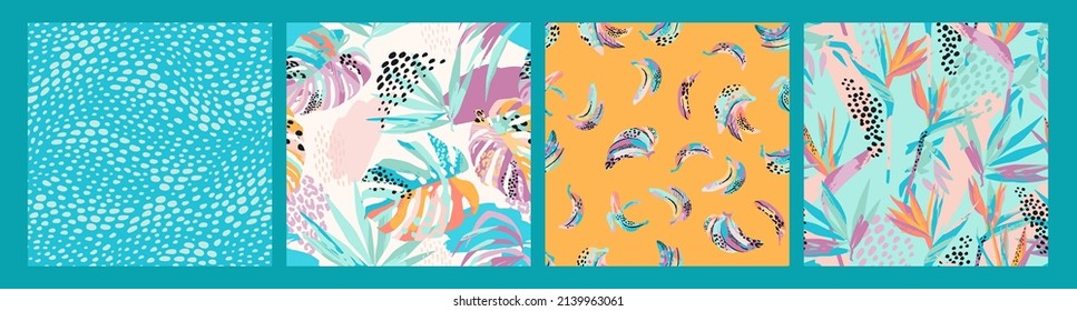Set of abstract art seamless patterns with tropical leaves, flowers and bananas. Modern exotic design for paper, cover, fabric, interior decor and other users.