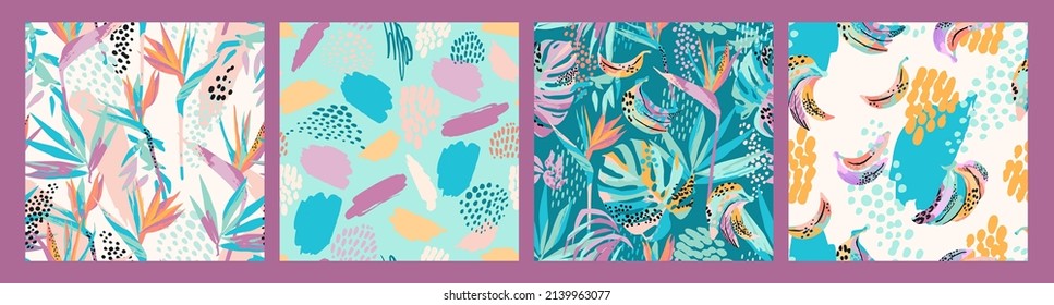 Set of abstract art seamless patterns with tropical leaves, flowers and bananas. Modern exotic design for paper, cover, fabric, interior decor and other users.